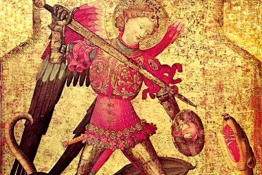 Der Erzengel Michael erschlägt den Drachen (spanische Illustration aus dem späten 14. oder frühen 15. Jahrhundert)